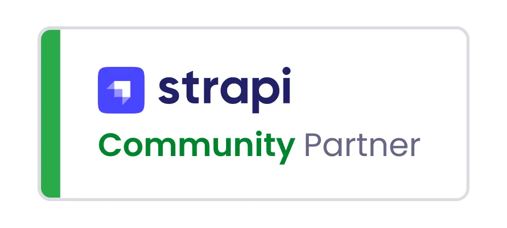 Strapi logo with partner label for Headless CMS web portals from the AM GmbH.