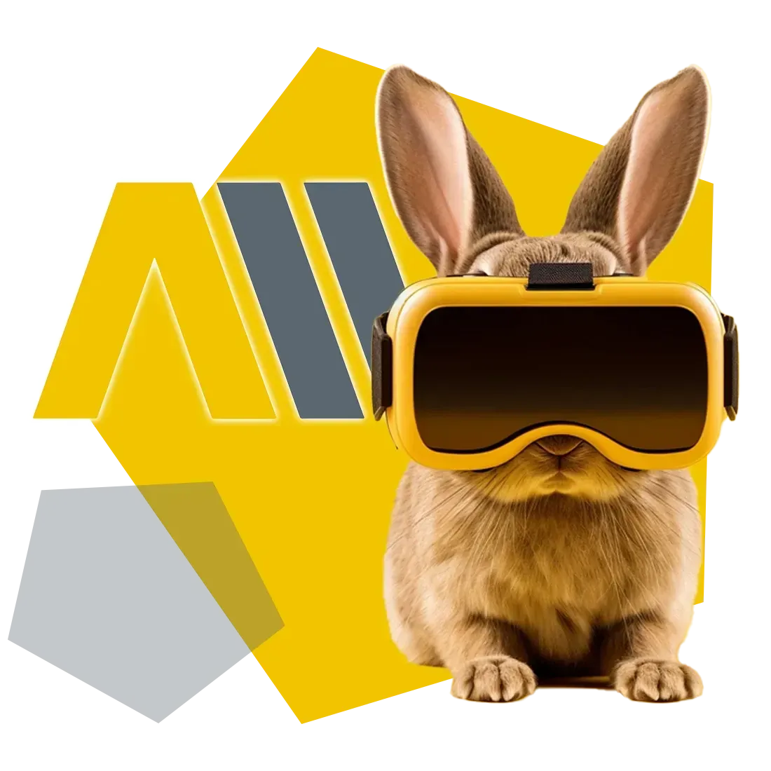 Unser Maskottchen Amy mit gelber VR-Brille vor dem Logo der AM GmbH